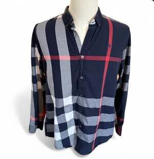 Burberry Men's Exploded Check Stretch Poplin Button Down Shirt Navy Large